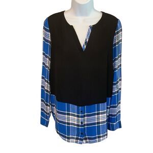 Kensie Women's Black Blue Plaid Accent Split Neck Popover Tunic Top Size XS